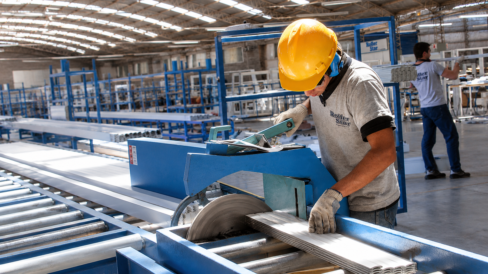 Operario de Roller Star cortando un perfil de aluminio en la sierra