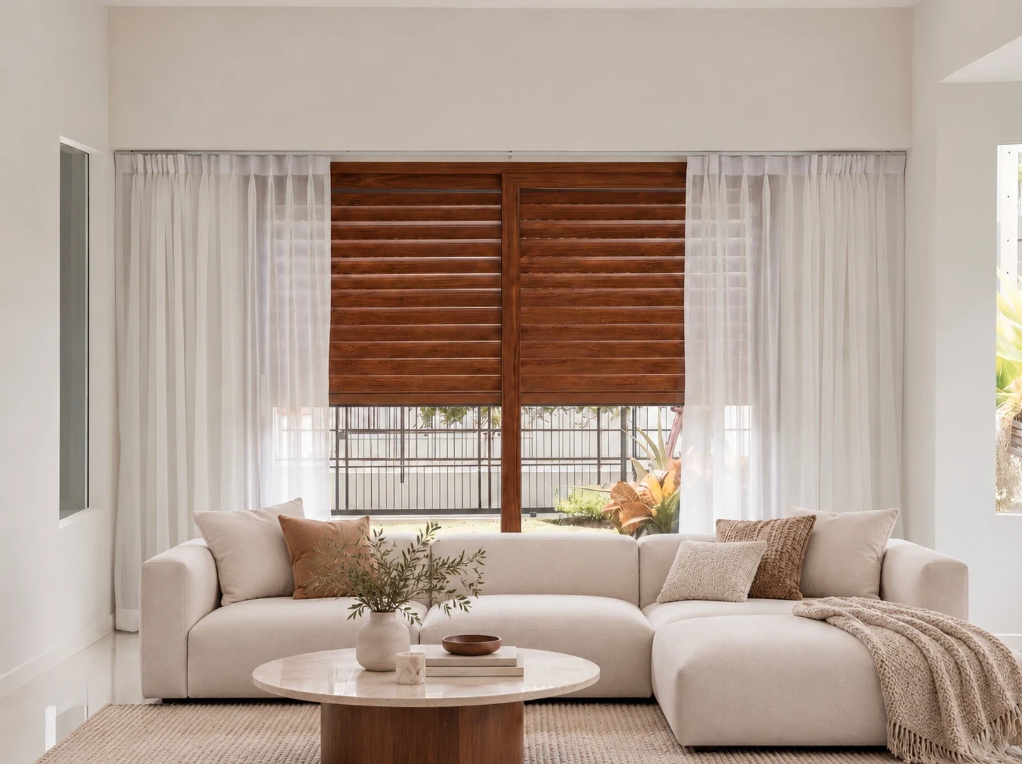 Persiana de aluminio símil madera del Sistema Tradicional en un living con cortinas y sillón